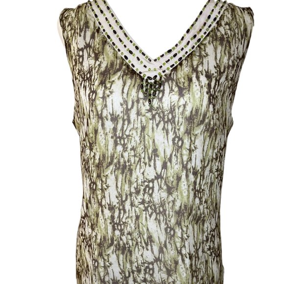 Bob Mackie Studio Cream, Brown & Green Lined Sleeveless 100% Silk Top  Size 6 - Picture 2 of 9